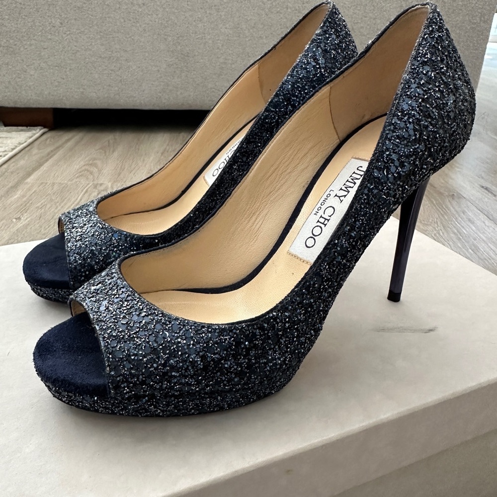 Jimmy Choo Luna 100, 36.5 Glitter Peep Toe Heels - Navy